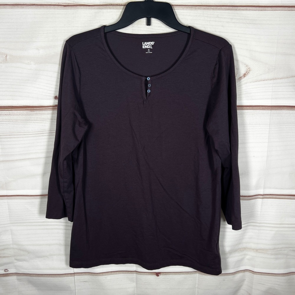 Lands' End Henley Top Womens Medium Purple Solid 3/4 Sleeve Cotton Blend T-Shirt